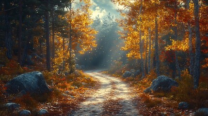 Wall Mural - Serene Autumn Forest Trail with Gorgeous Fall Foliage and Sunlight