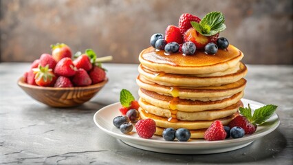 Wall Mural - Fluffy pancakes topped with honey and fresh berries, pancakes, fluffy, honey, fresh, berries, breakfast, food, delicious, sweet