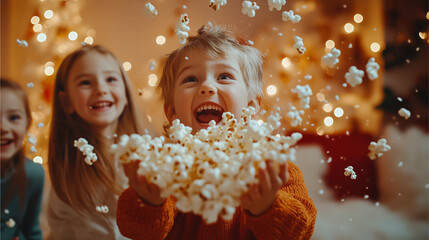 Wall Mural - Parents and kids throwing popcorn in the air during a fun Christmas movie night in their festive living room.