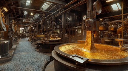 Canvas Print - Panorama of a gold processing plant with refining equipment, molten gold being poured into molds for production.