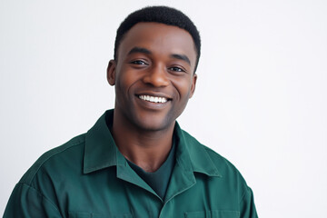 Portrait of joyful Black man wearing green uniform isolated on white background