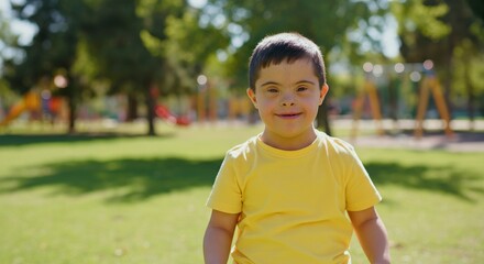 Canvas Print - Joyful afternoon in park with young boy in yellow shirt enjoying nature