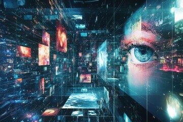 Aufkleber - Experience a vibrant digital gallery filled with virtual artworks and interactive avatars showcasing diverse creative expressions. Generative AI