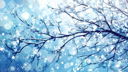 Poster - winter tree branches adorned with sparkling ice and soft bokeh in a tranquil blue background