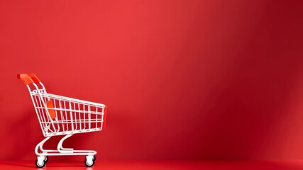 Wall Mural - Shopping Cart Against Vibrant Red Background Bold Retail Visual Experience, ProRes 422HQ