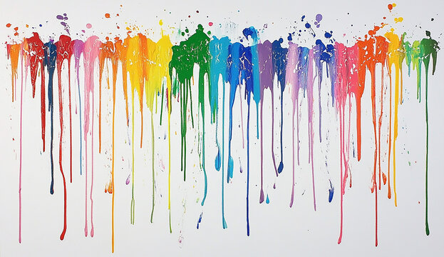 Rainbows of paint dripping down on a white background, colorful paint drips, a colorful painting of rainbow paint dripping down on a white wall
