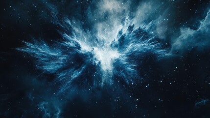 Poster - abstract blue powder explosion creating a cosmic scene with dark background showcasing motion and de