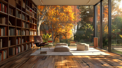 Poster - Autumnal Library Retreat: A tranquil reading room, featuring floor-to-ceiling bookshelves, a plush armchair, and expansive windows showcasing a breathtaking autumnal garden. Sunlight streams through.