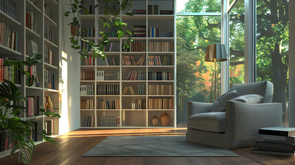 Poster - Serene Reading Nook: Sunlight streams into a modern library, illuminating a comfortable armchair nestled beside floor-to-ceiling bookshelves overflowing with volumes.