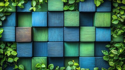 Poster - Interlocking Geometric Cubes in Shades of Blue and Green Forming Complex Abstract Pattern