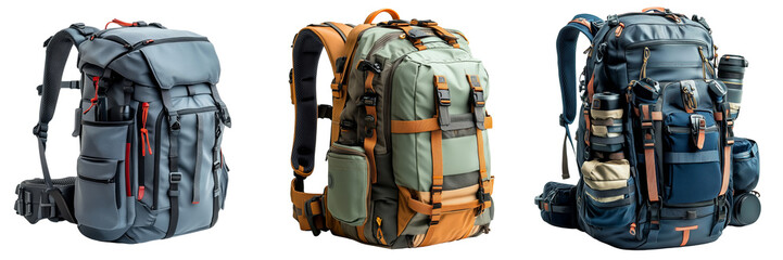 Versatile outdoor backpack with multiple compartments and accessories on a transparent background