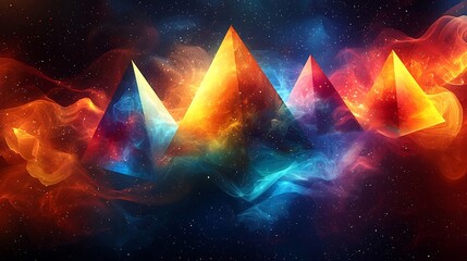 Poster - Vibrant Floating Geometric Pyramids in Abstract Dimensional Landscape