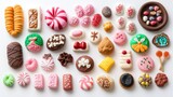 Miniature clay desserts and sweets assortment on white background for creative and decorative purposes