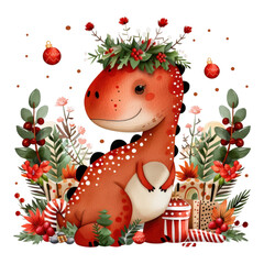 Wall Mural - Cute Dinosaur with Floral Crown Surrounded by Holiday Decorations