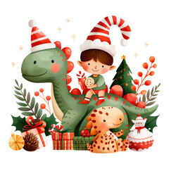 Wall Mural - Cheerful Child on Dinosaur with Holiday Decorations and Gifts