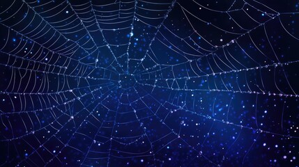 Abstract close-up of a spider web adorned with dew drops against a dark blue background illustrating nature's delicate beauty.