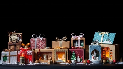 Poster - A festive arrangement of beautifully wrapped Christmas gifts adorned with intricate designs and delicate bows, arranged against a dramatic black backdrop.