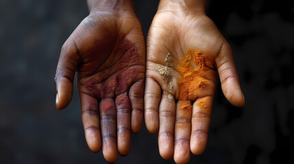 Hands Holding Spices: A close-up shot reveals two hands cupped together, showcasing vibrant red and orange spices. The rich colors and textures create a striking visual. 