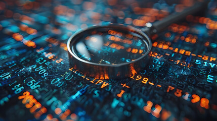 Data Exploration: A magnifying glass sits atop a blurred digital code background, creating an abstract image of data analysis and research. The composition evokes curiosity, investigation.