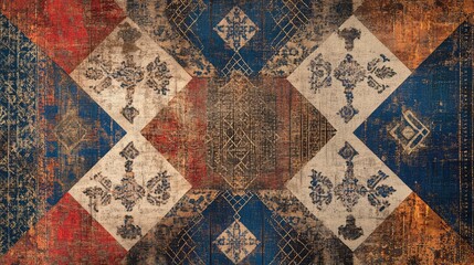 Poster - Intricate diamond pattern rug with rich, earthy tones of red, blue, beige, and brown.  A beautiful blend of vintage and modern design.