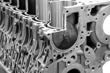 Aufkleber - cylinder block of diesel engine repair close-up.  cylinder block in blue tone.  Car engine cylinder heads. Industry car service concept