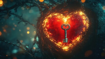 Poster - A fiery heart, pulsating with energy, holds a vintage key.  A mystical and enchanting image representing hidden love or a secret.