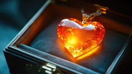 Poster - Glowing heart-shaped pendant necklace rests inside a dark wooden box. The amber gem emits a warm, inviting light.