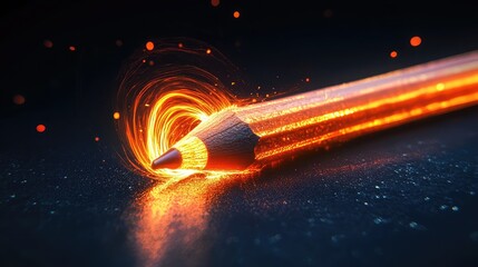 Poster - A graphite pencil lies on a dark surface, emitting a fiery, swirling energy.  The intense orange glow contrasts beautifully with the deep blue background, creating a dynamic and powerful image.