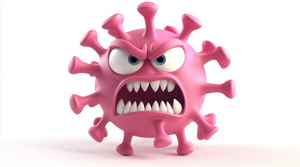 3D cartoon, a funny pink virus with an angry face on a white background 