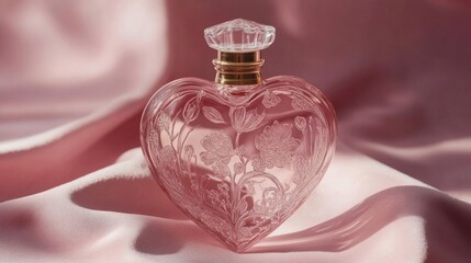 Wall Mural - Elegant Heart Shaped Perfume Bottle On Pink Silk