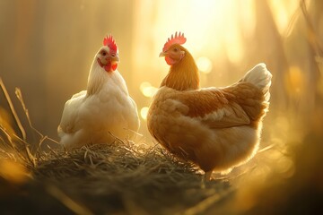 Poster - Two hens near a hay nest at sunrise.