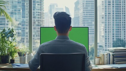 Poster - Man working at desk with green screen computer, city view.
