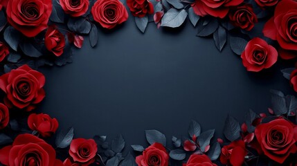 Wall Mural - Dark Red Roses Frame Dark Background Elegant Floral Design