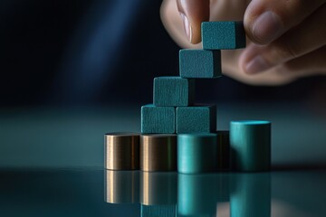 Leinwandbilder - Close-up of hand arranging teal and gold blocks, building a rising structure, reflecting on a dark surface.