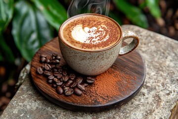 Aufkleber - Steaming cappuccino with latte art in a rustic cup, served on a wooden coaster with coffee beans and cocoa powder.