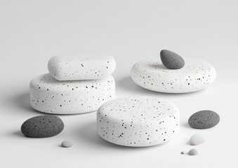 Aufkleber - White and grey speckled stone podiums and pebbles on white background.