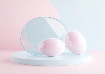 Aufkleber - Two pastel pink eggs on a light blue platform with a glass circle against a pink and blue background.