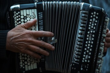 Aufkleber - close-up of hands playing a black accordion.