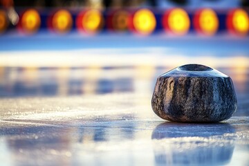 Poster - Close-up of a curling stone on ice rink, blurred background shows colorful targets.