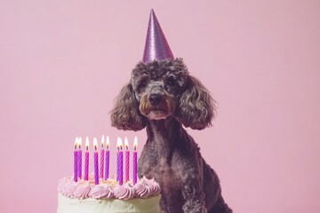 Poster - A gray poodle dog wearing a party hat sits beside a birthday cake with lit candles against a pink background.