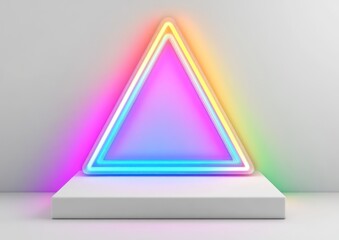 Leinwandbilder - Colorful neon triangle on white platform.