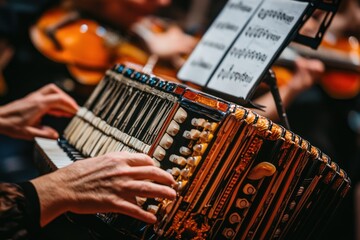 Aufkleber - Close-up of hands playing a vintage accordion during an orchestra performance.