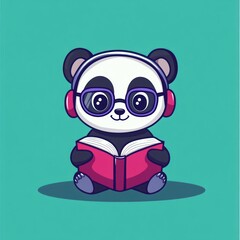 Aufkleber - Cute panda wearing headphones and glasses reading a book.