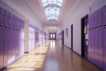 Poster - Sunlit school hallway with purple lockers and wooden floor.
