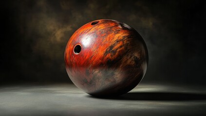 Poster - Close-up of a dark red wooden bowling ball on a gray surface with a dark background.