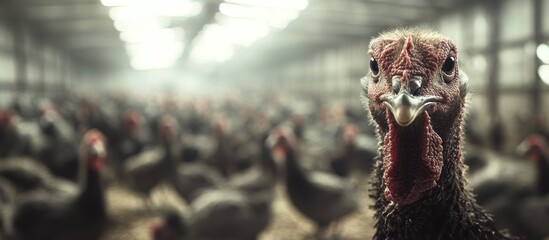Poster - Close-up of a turkey's face with blurred background of many turkeys in a farm.