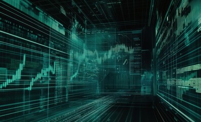 Poster - Abstract digital data visualization with graphs, charts, and code.