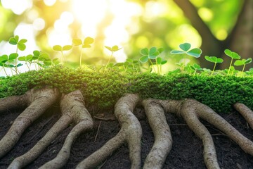 Poster - Lush green moss and clover sprouts growing from exposed tree roots in sunlight.