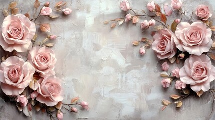 Wall Mural - Delicate Pink Roses Floral Arrangement On Textured Background