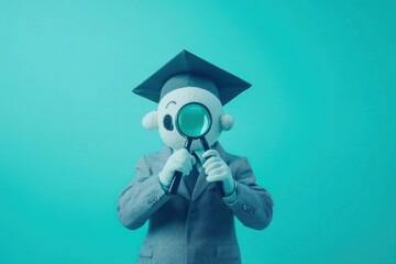 Poster - A graduate student holding a magnifying glass, searching for knowledge.